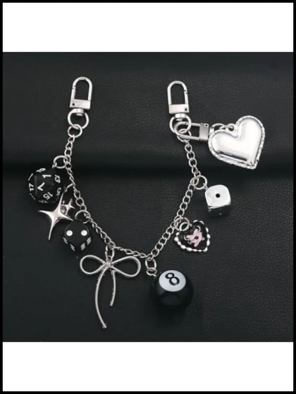Y2K Silver Purse Chain Bag Charm with Dice 8 Ball Bow Heart